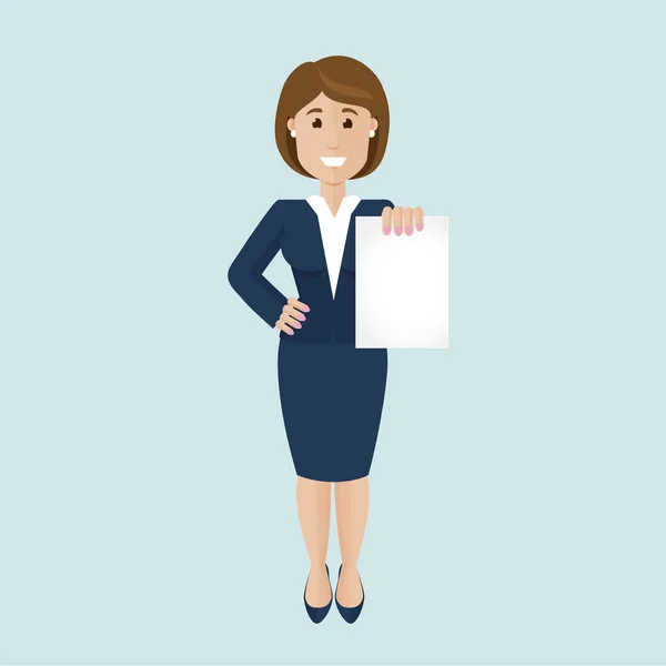Mujer de negocios satisfecha con un papel en blanco — Vector de stock