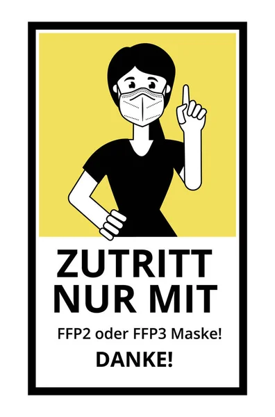 Illustration av en kvinna som bär en skyddande mask ffp2. Kvinna kräver uppmärksamhet, pekfingret höjt. — Stock vektor