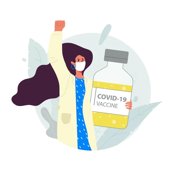 Uma mulher usando uma máscara médica se levanta e segura um frasco de vacina, sua outra mão puxada para cima. — Vetor de Stock