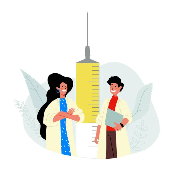 Мужчина и женщина доктор улыбаются и стоят у шприца с вакциной. — стоковый вектор