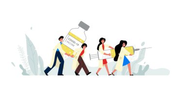 Men and women carry a vial and syringe of the covid-19 vaccine.  clipart