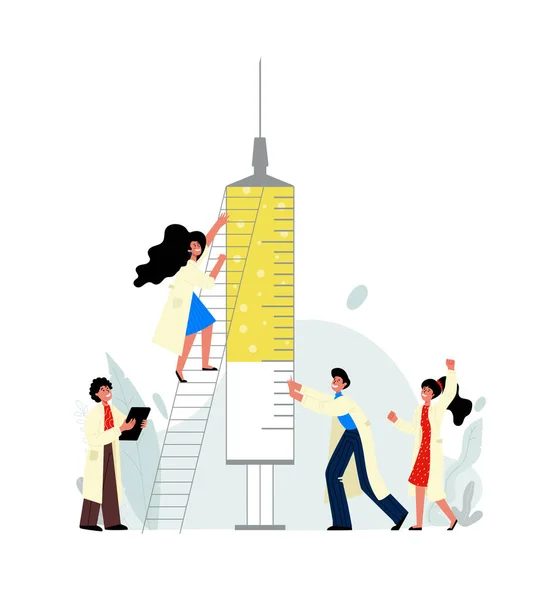 A group of scientists has discovered a vaccine for covid-19. A woman climbs up to the syringe. — Stock Vector