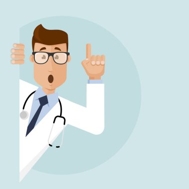 Gözlüklü ve steteskoplu bir doktor parmağını kaldırır ve uyarır..