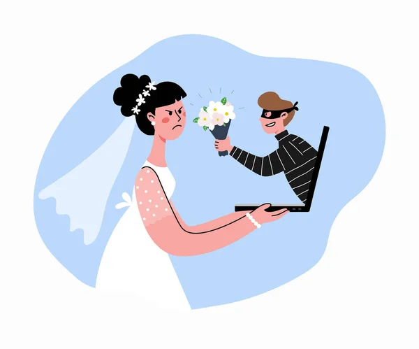 Um batoteiro tenta enganar uma mulher em casamento online.The mulher está em choque. —  Vetores de Stock