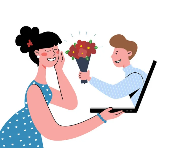 Een vrouw ontmoet een man via een online dating site. Een man en een vrouw zijn verliefd.. — Stockvector