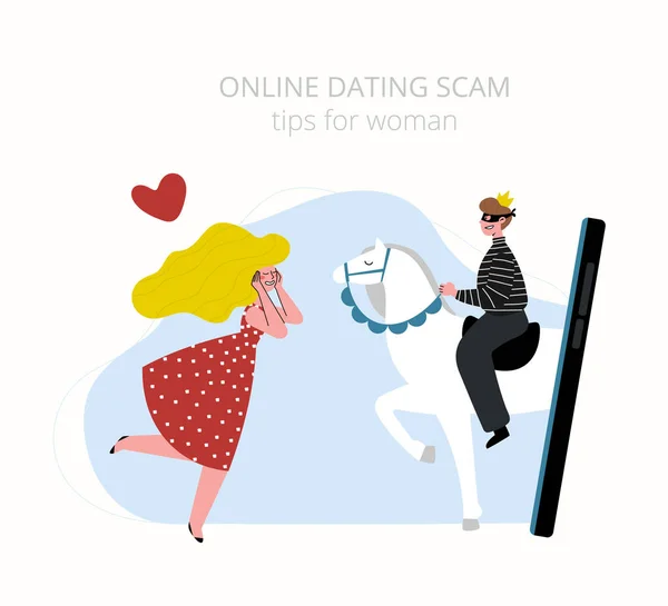 Internet dating zwendel. Een man doet zich voor als prins op een wit paard.. — Stockvector