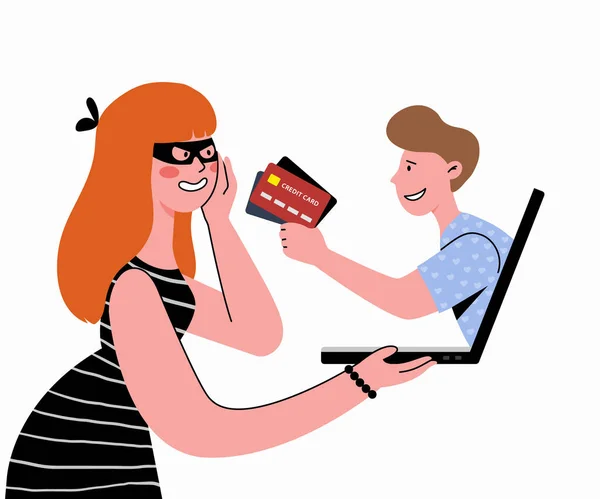 A woman thief steals money and credit card details from a man in love. — Stock Vector