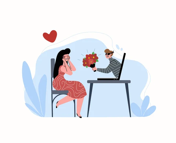 A girl meets a man through an online dating site. The man is a cheater, a criminal. — Stock Vector