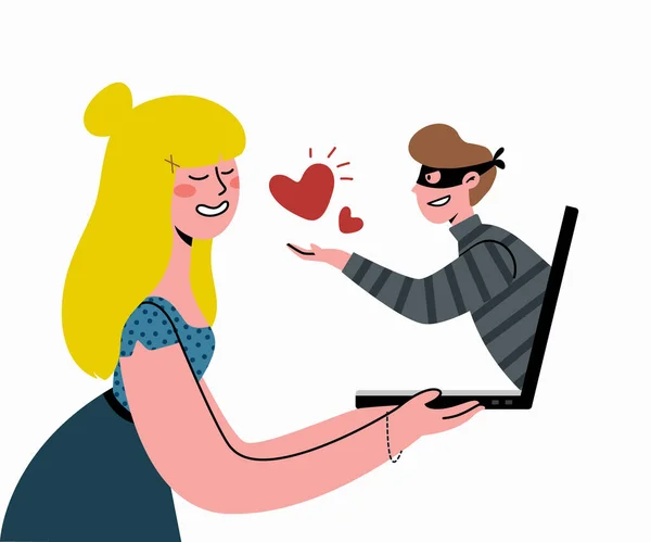 Internet Dating Scam.The girl hopes for true love. The man on the Internet is a cheater. — Stock Vector