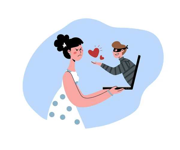 Internet dating scam. A man tries to deceive a woman over the Internet. — Stock Vector
