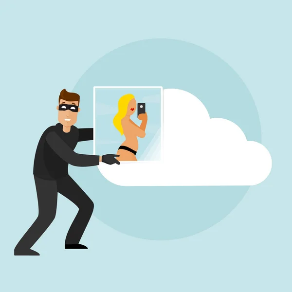 Ο κλέφτης βγάζει πληροφορίες από το hacked cloud storage, με προσωπικά δεδομένα και προσωπικές φωτογραφίες στα χέρια του.. — Διανυσματικό Αρχείο