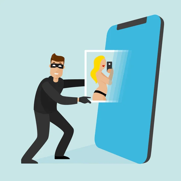Ο κλέφτης χακάρει το τηλέφωνο και βγάζει προσωπικά δεδομένα και φωτογραφίες. — Διανυσματικό Αρχείο