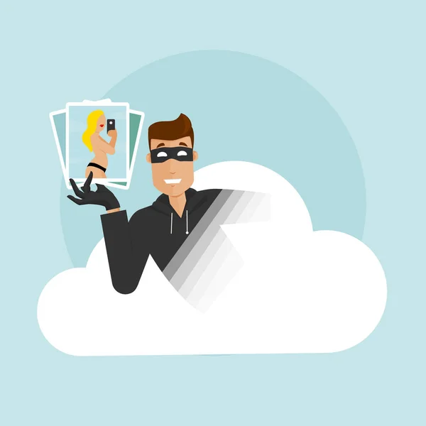 Le voleur jette un coup d'œil sur le stockage cloud compromis, contenant des données personnelles et des photos privées. — Image vectorielle