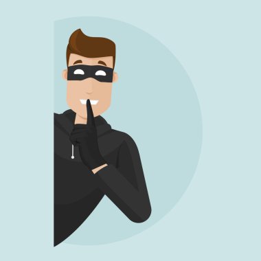 Hırsız köşeden dışarı bakıyor. Sessizlik işareti olarak parmağını ağzına dayar..