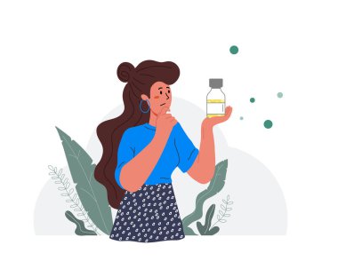 Bir kız elinde aşı şişesi tutuyor. Aşıya ihtiyacım var mı? Kontrastlar, farklı türde aşılar....