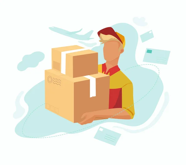 Der Postbote hält zwei Pakete in der Hand. Pakete nach Hause liefern. — Stockvektor