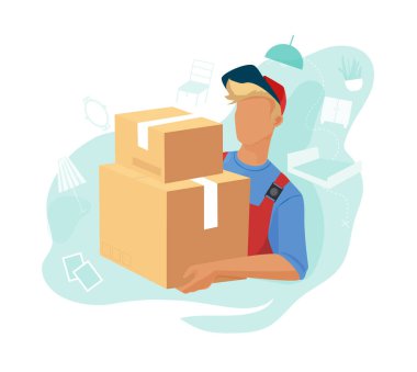 Nakliye servisindeki genç adam kutu taşıyor. Vektör düz resimleme.