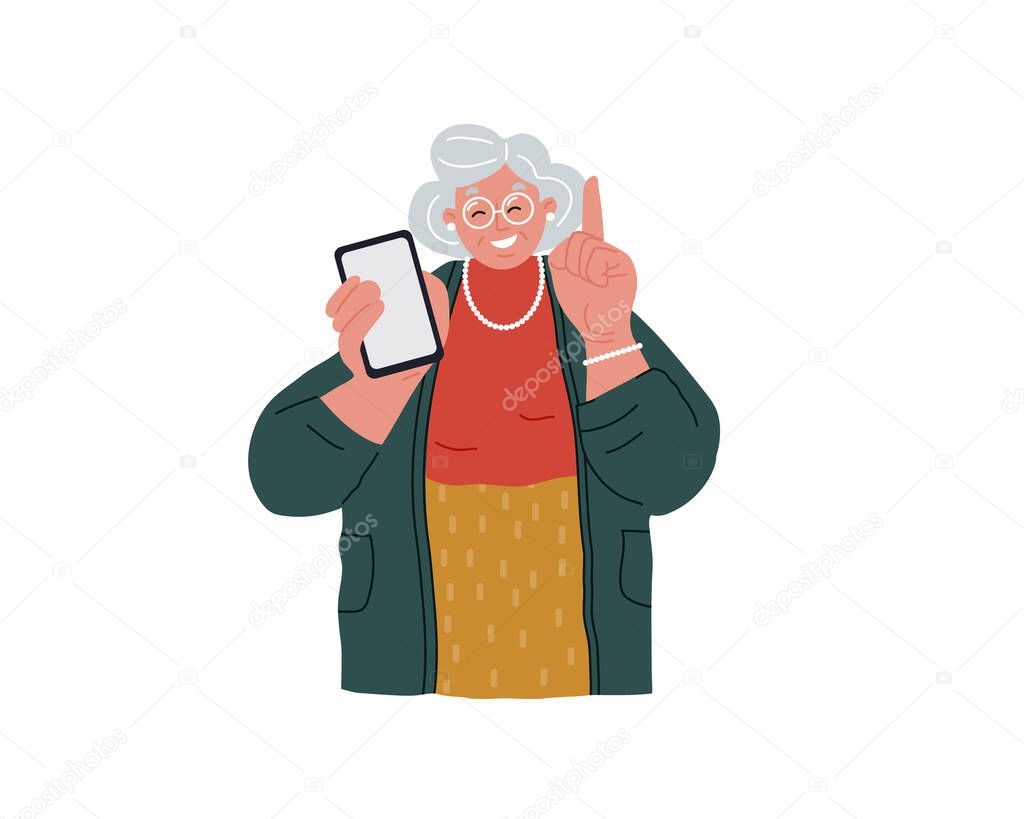 An elderly grandmother is holding a cell phone.Senior people using smart devices. Grandma calls for attention.