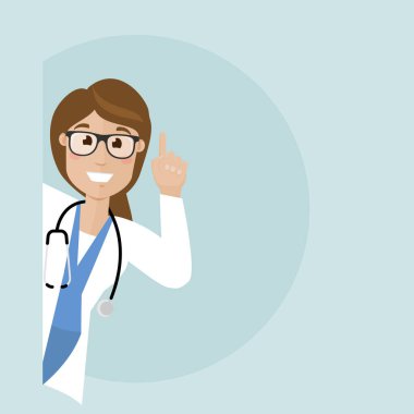 Doktor kaldırılmış bir parmak ile köşeyi gözetliyor. Doktor gülümser ve uyarır..