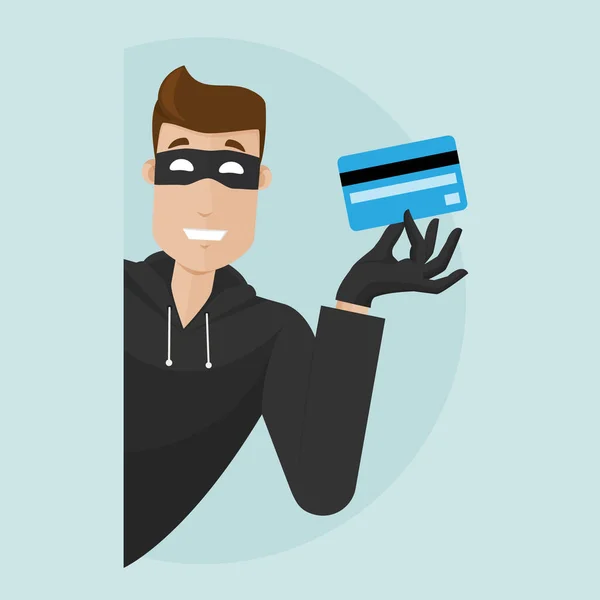 El ladrón mira a la vuelta de la esquina y sostiene una tarjeta de crédito robada en su mano. — Archivo Imágenes Vectoriales