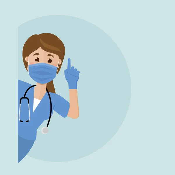 En sköterska kikar runt hörnet med ett upphöjt finger. Sjuksköterskan kräver uppmärksamhet. — Stock vektor