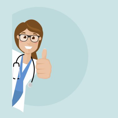 Kadın doktor köşeden dikizler ve baş parmağıyla elini kaldırır. Vektör düz resimleme.