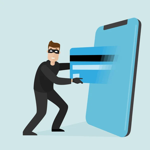 En tyv trækker et kreditkort ud af en mobiltelefon. Moderne vektor illustration i flad stil. – Stock-vektor
