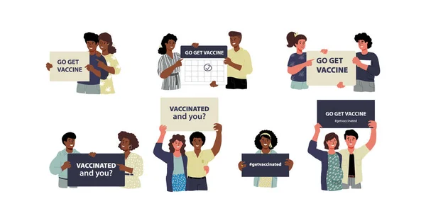 Coppie e single che tengono cartelli, striscioni, poster che chiedono la vaccinazione, diversi tipi di pelle. Illustrazione vettoriale. — Vettoriale Stock