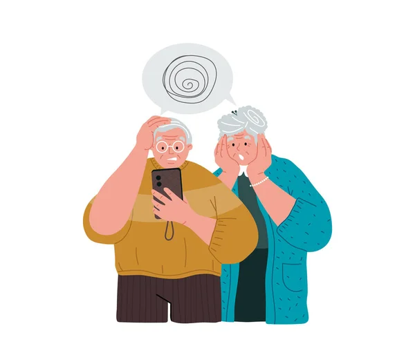 Les grands-parents ont des problèmes avec leurs téléphones cellulaires. Illustration vectorielle, concept. — Image vectorielle