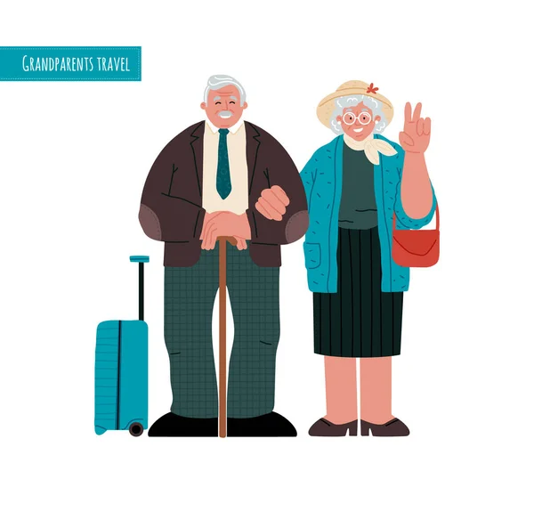 Elderly couple traveling alone and with luggage on white background,the grandma is waving.Vector flat illustration. — Stock Vector