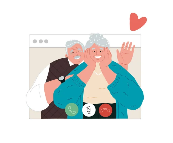 Grandparents call via webcam,communacation with grandparents during quarantine.Vector flat illustration. — Stock Vector