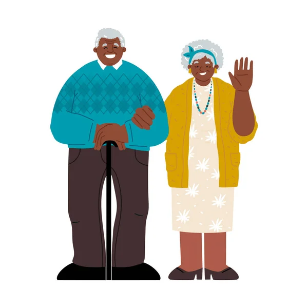 Americký africký starší pár stojící na bílém pozadí.Babička mává rukou.. — Stockový vektor