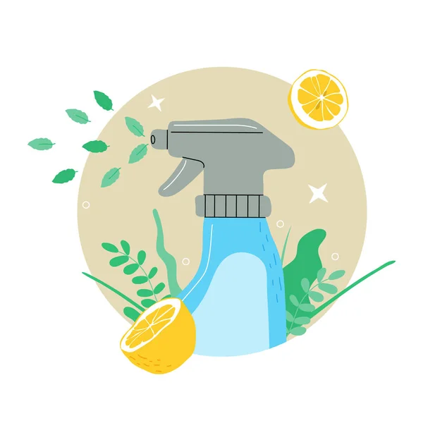 Eco,organic,safe,natural and friendly cleaning spray in flat design with leafs and lemon.Handmade chemicals for house. — Stock Vector