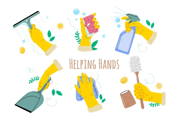 Hands in yellow gloves holding a cleanings tools toilet brush, sponge,windows spray, domestic,windows cleanser, scraper. — стоковый вектор