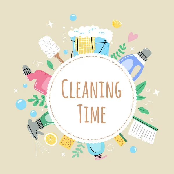 Bannière pour le service de nettoyage.Eco produits de nettoyage naturels, domestique, bulle, éponge, balai, seau.. — Image vectorielle