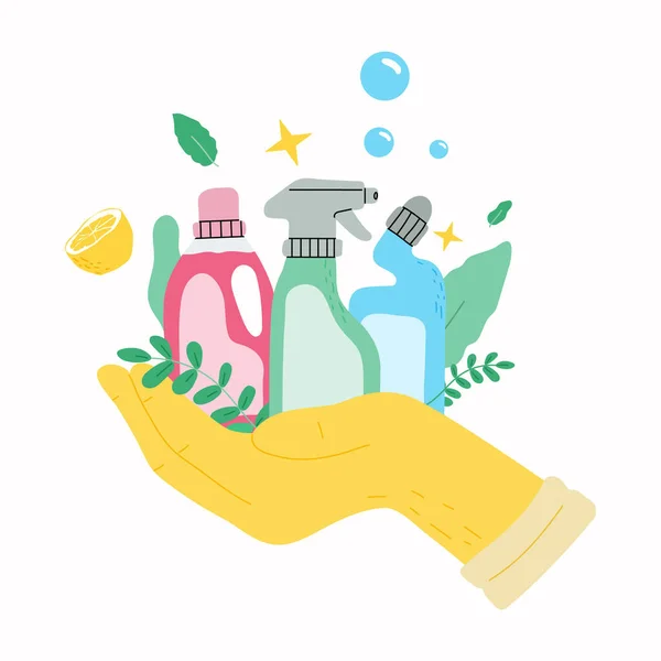 Een hand in hand handschoen met glazenwasser in bootle en detegent, milieuvriendelijke producten.Vector platte illustratie. — Stockvector