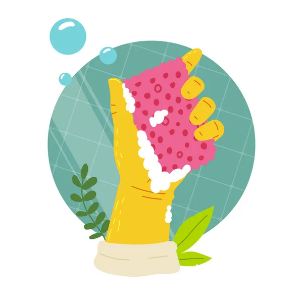 Main dans les gants jaunes tenir une éponge rose.Nettoyer avec un détergent naturel, citron, menthe, soda. Illustration vectorielle plate. — Image vectorielle