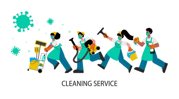 El equipo de conserjes en guantes de goma corre para limpiar y desinfecta hogares y oficinas.Ilustración plana vectorial. — Vector de stock