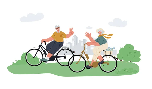Active grandfather, grandmother ride e-bike in parkrelax.Active outdoor seniors life.Summer activity.Vector illustration — Stock Vector