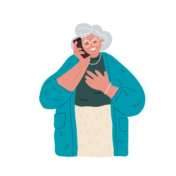 Happy oma in bril praten op de mobiele telefoon, witte achtergrond.Vector platte illustratie — Stockvector