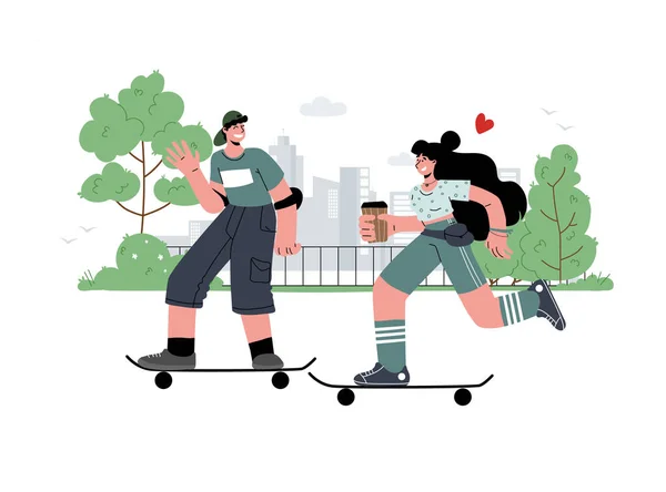 Jonge jongen en meisje op skateboards paardrijden in stadspark.Firts liefde, zomeractiviteit, tiener straat.Flat illustratie. — Stockvector