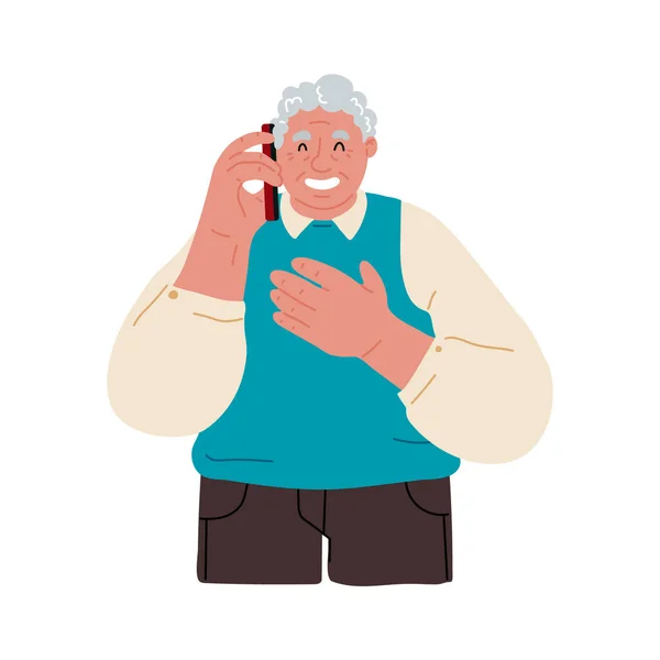 Šťastný dědeček v brýlích mluví na mobilním telefonu, bílé pozadí.Vektorové ploché ilustrace — Stockový vektor