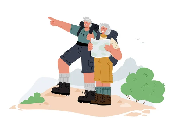Pár starších lidí leze do hor. Senioři s batohy v horách.Vektorové ploché ilustrace. — Stockový vektor