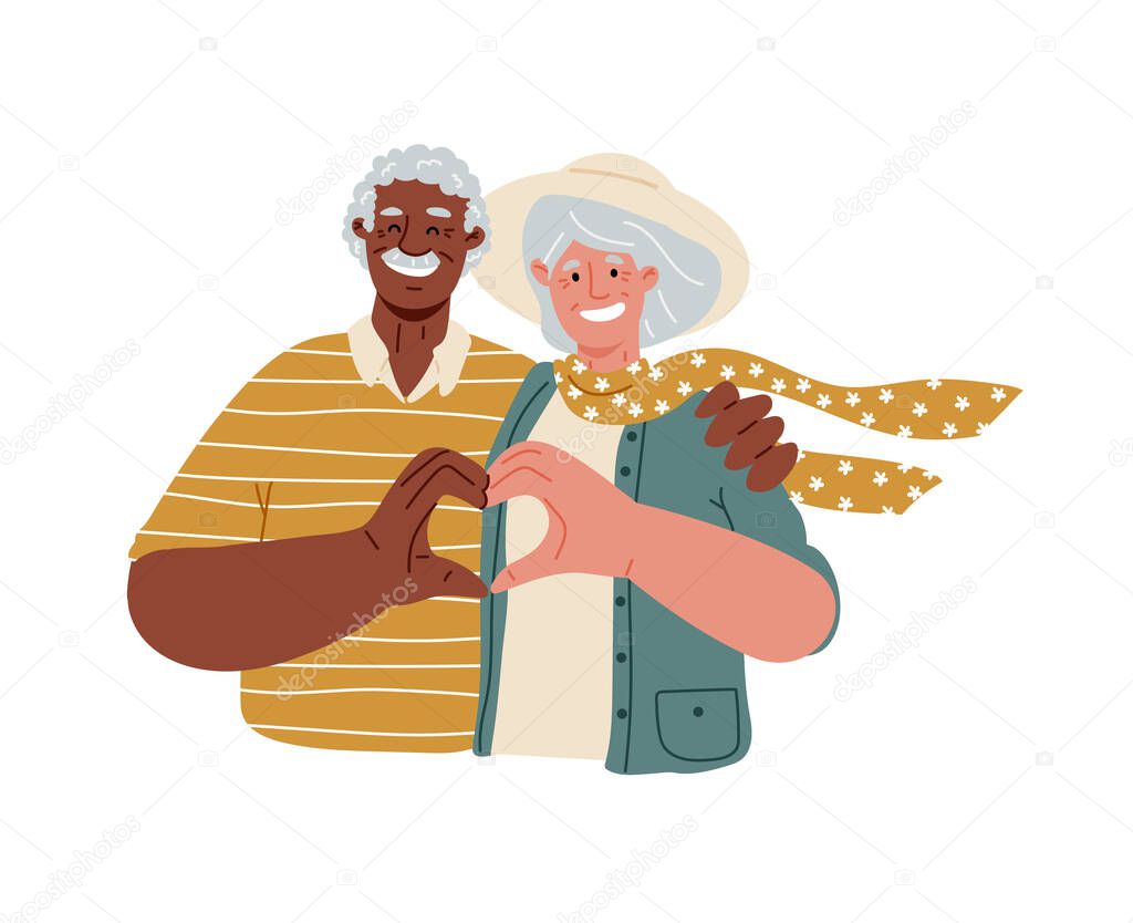 Eldery people making heart with their fingers and smiling,love.Multiracial couple of old people.Vector flat illustration