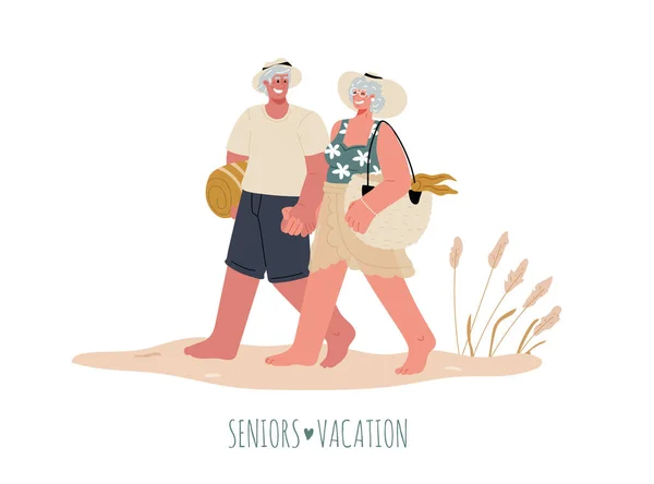 几个身穿泳衣的老人手牵着手沿着海滩散步。老年人度假时的情形。. — 图库矢量图片