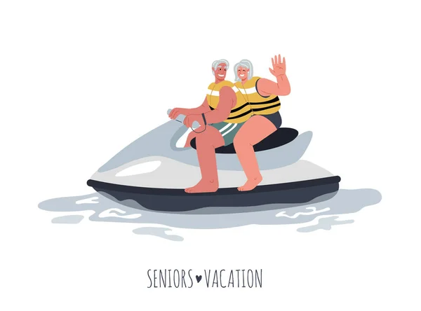 Oude mensen paardrijden waterscooter.Actieve ouderen concept.Happy senioren op reizen samen.Vector platte illustratie — Stockvector