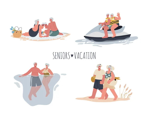 Een paar actieve senioren op vakantie, zwemmen, picknicken op het strand, paardrijden waterscooter, wandelen op het strand. — Stockvector