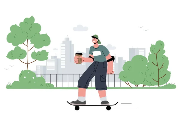 Ung man tonåring med hörlurar rida en skateboard i parken, lyssna på musik, podcasts, sommar.Vektor illustration. — Stock vektor