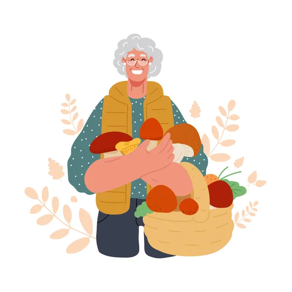 Stará žena drží košík s houbami.Sbírání, lov hub v podzimním lese.Aktivní senioři.Vektorová ilustrace. — Stockový vektor