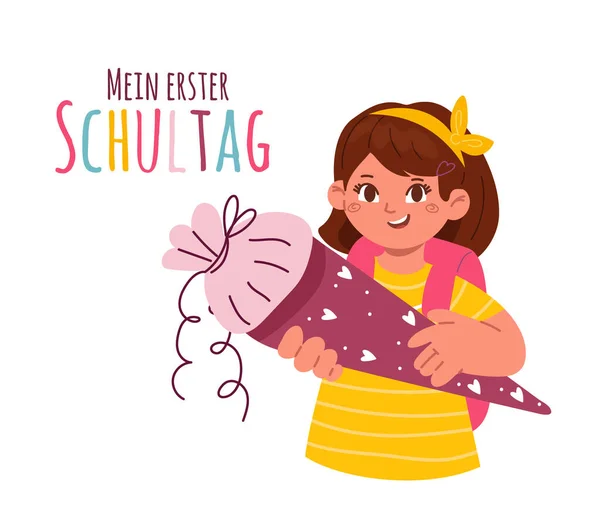 A firstgrader girl holding a school cone,schultuete.Text in German-my first day of school.Enrolment,german tradition. — 스톡 벡터